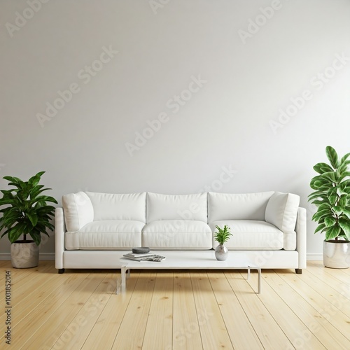 A minimalist living room with a white sofa, a glass coffee table, and potted plants. The room features a white wall, a wooden floor, and a clean, modern aesthetic.