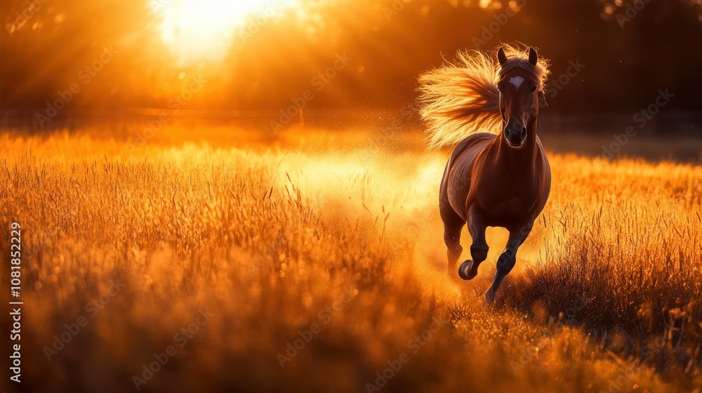 A Chestnut Horse Runs Through a Golden Field at Sunset A Chestnut Horse Runs Through a Golden Field at Sunset