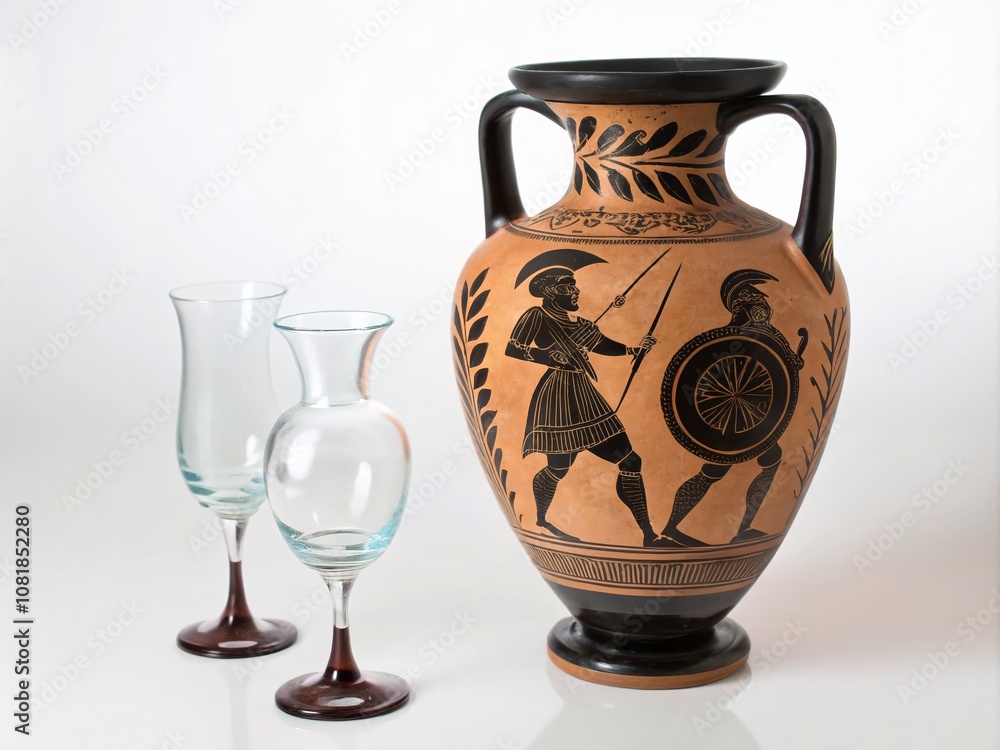 Conceptual Photography of a Glass and Vase Isolated on White Background Featuring Greek Amphora with Black-Figure Style Warriors, Perfect for Artistic and Cultural Themes Conceptual Photography of a Glass and Vase Isolated on White Background Featuring Greek Amphora with Black-Figure Style Warriors, Perfect for Artistic and Cultural Themes