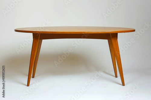 A round wooden table with three legs on a white background