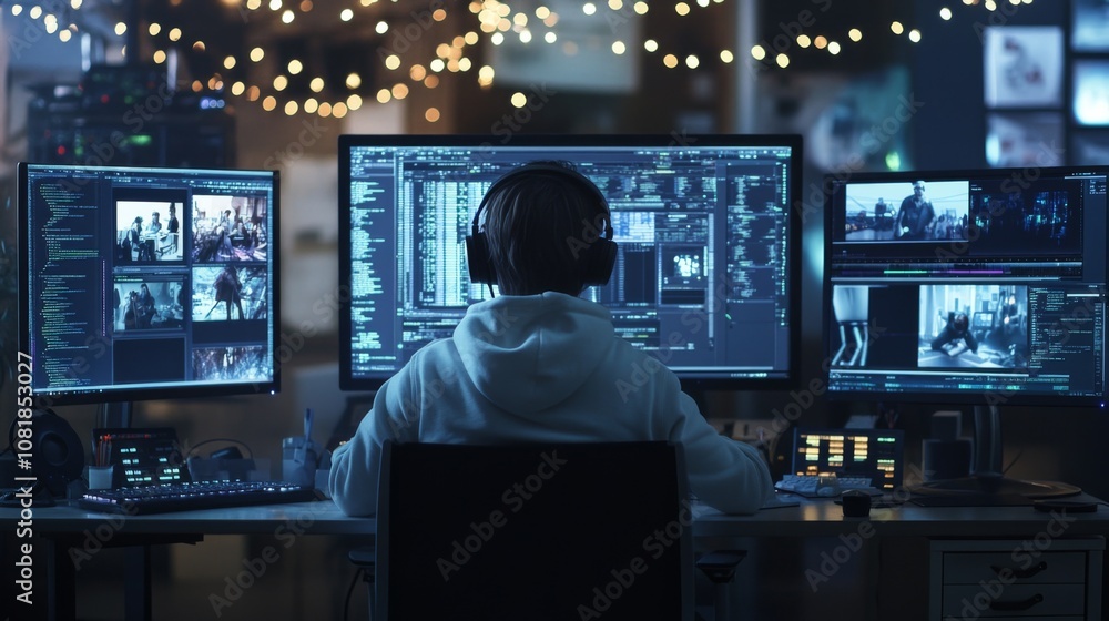 Teenage hacker infects government data servers in dark hideout with multiple monitors, as seen in this image. Teenage hacker infects government data servers in dark hideout with multiple monitors, as seen in this image.