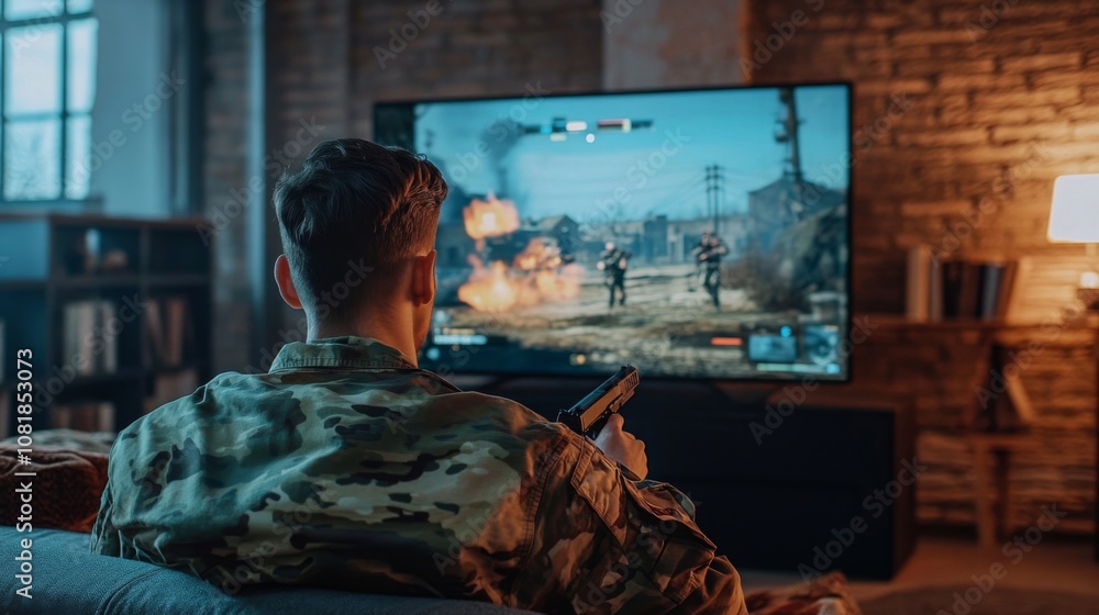 Man Watching War Movie on Couch in Living Room, Modern Military Warfare Action Showing Soldiers on TV Screen Man Watching War Movie on Couch in Living Room, Modern Military Warfare Action Showing Soldiers on TV Screen