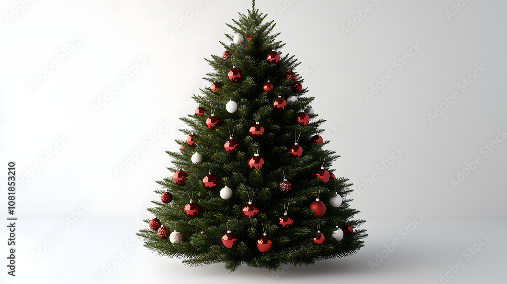 A large Christmas tree with red and white ornaments. The tree is the focal point of the image and is surrounded by a white background. The red and white ornaments give the tree a festive A large Christmas tree with red and white ornaments. The tree is the focal point of the image and is surrounded by a white background. The red and white ornaments give the tree a festive