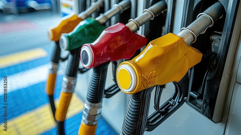 Colorful fuel dispensers at a busy gas station during daylight in an urban area with people refueling their vehicles Colorful fuel dispensers at a busy gas station during daylight in an urban area with people refueling their vehicles