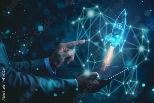Digital rocket launch. Business innovation, growth, and digital transformation concept.  A symbol of progress and success.