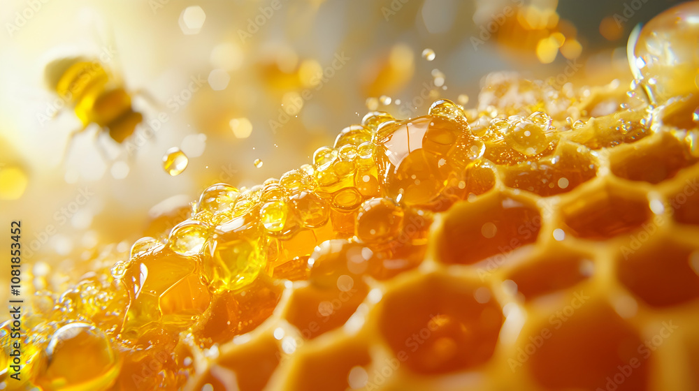 Honeycomb with Honey Drops - Realistic Image Honeycomb with Honey Drops - Realistic Image