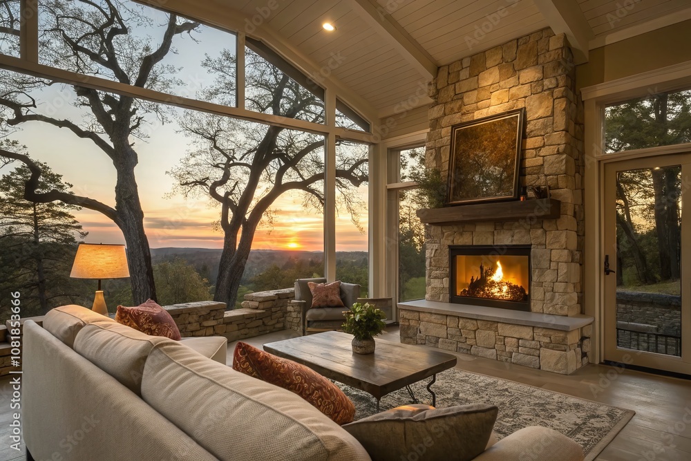 Obraz premium Cozy Double Exposure Living Room Scene with Fireplace, Warm Lighting, and Plush Sofas, Blending Comfort and Serenity in a Home Environment for Relaxation and Family Gatherings