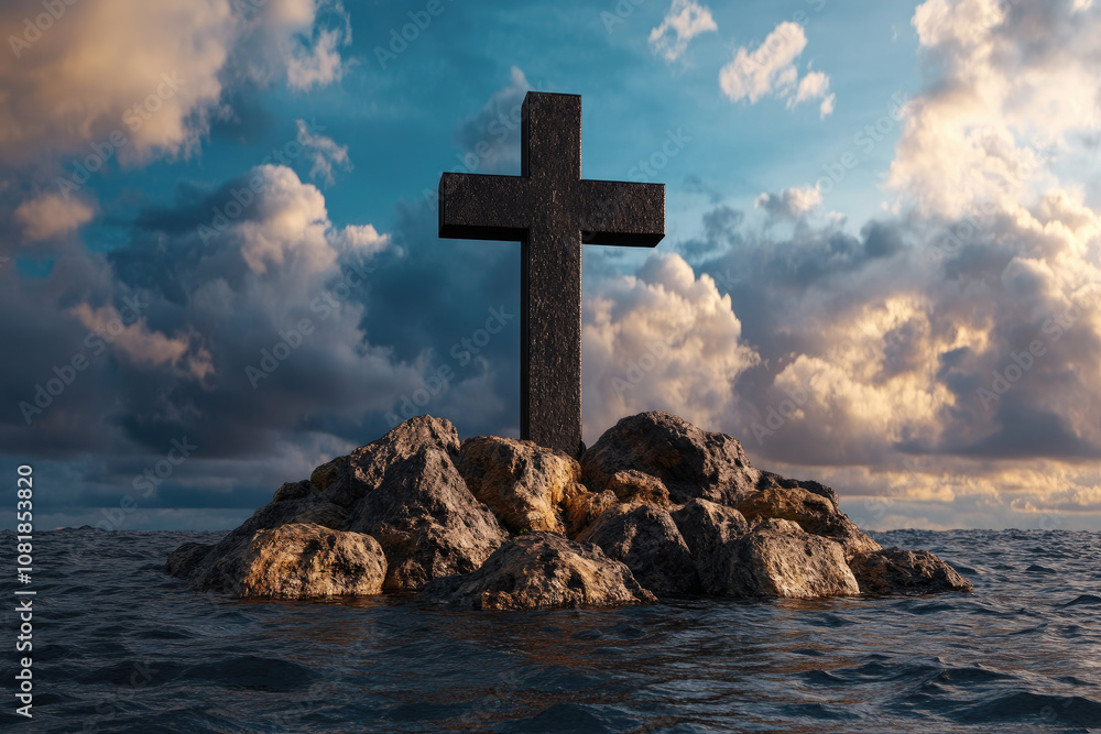 Stormy Island Cross, a towering cross stands on a rugged isle, encircled by turbulent waters and a brooding sky, light breaks through the clouds. Stormy Island Cross, a towering cross stands on a rugged isle, encircled by turbulent waters and a brooding sky, light breaks through the clouds.