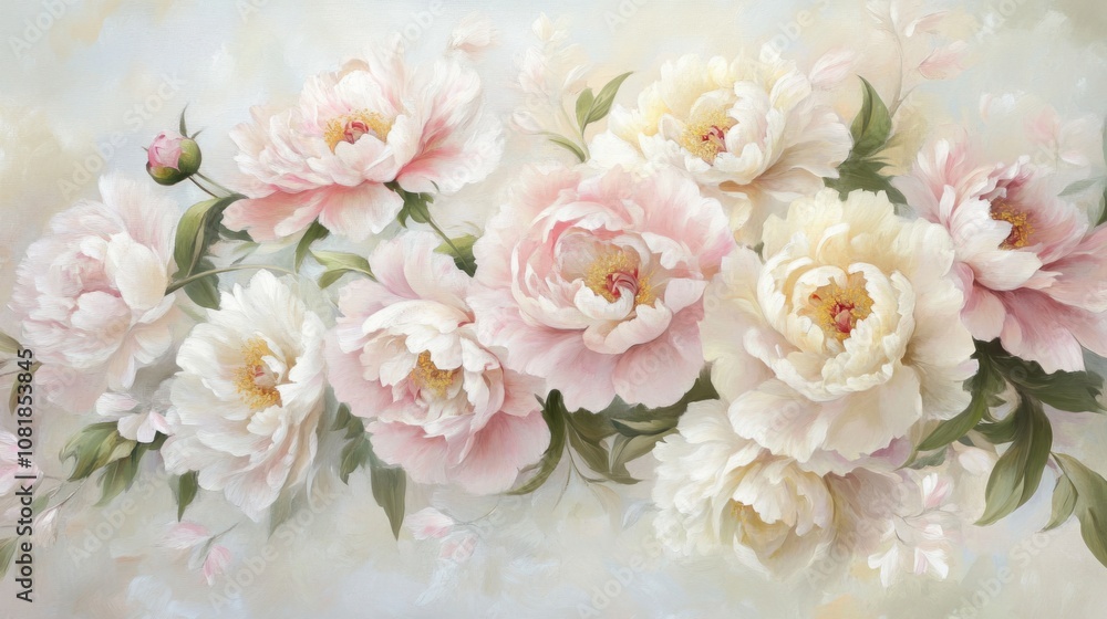 Cluster of soft pink and white peonies, forming a romantic and elegant floral background Cluster of soft pink and white peonies, forming a romantic and elegant floral background
