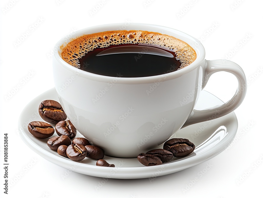 Fototapeta premium A cup of coffee with beans on a saucer. Perfect for illustrating coffee, caffeine, and breakfast.