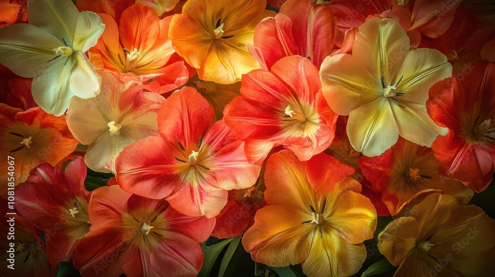 Obraz premium Cluster of vibrant tulips, creating a cheerful and lively flower background