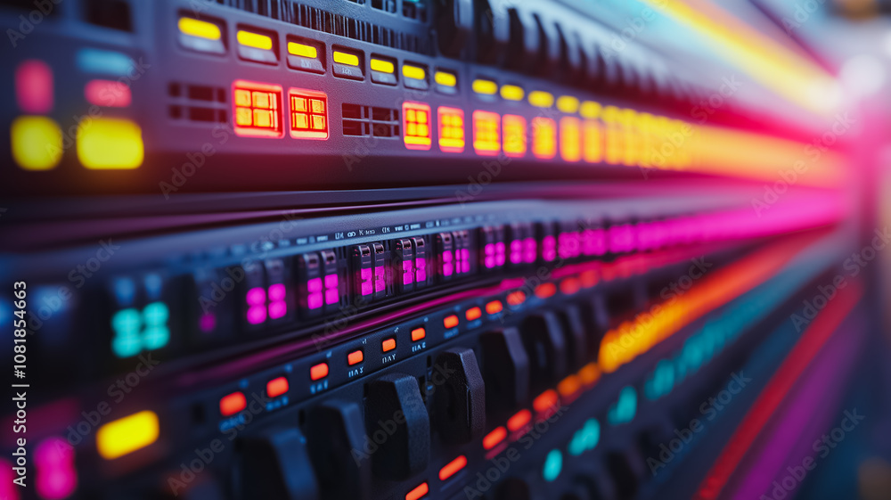 A colorful line of computer switches with a yellow light on the top left. The switches are in a row and are all different colors A colorful line of computer switches with a yellow light on the top left. The switches are in a row and are all different colors