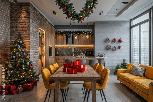 Interior rendering of a Christmas-decorated dining room in an apartment, featuring a wooden table, chairs, yellow sofa, red gift boxes, and a green garland with snowflake decorations on the ceiling. photo