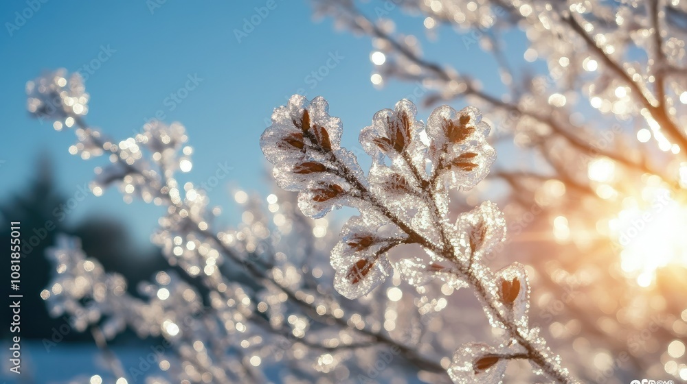 Close-up of icy tree branches with the sun shining through. Close-up of icy tree branches with the sun shining through.