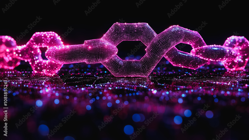 A chain of pink and blue lights that are connected to each other. The lights are arranged in a way that they look like a chain. The image has a futuristic and technological vibe to it A chain of pink and blue lights that are connected to each other. The lights are arranged in a way that they look like a chain. The image has a futuristic and technological vibe to it
