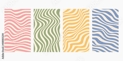 Groovy hippie 70s backgrounds. Waves, swirl, twirl pattern with heart, daisy, flower. Twisted and distorted vector texture in trendy retro psychedelic style. Y2k aesthetic