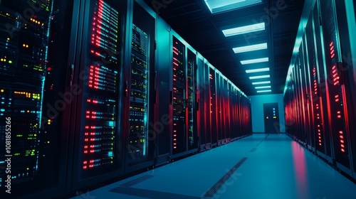 An interior of a server room in a datacenter in blue light shows modern web network and internet telecommunication technology, big data storage, and cloud computing.