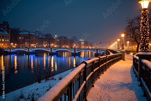 A panoramic view of illuminated bridges and walkways along a festive riverfront, with Christmas lights reflecting on the water, cozy winter atmosphere, and snow-covered paths under a quiet night sky