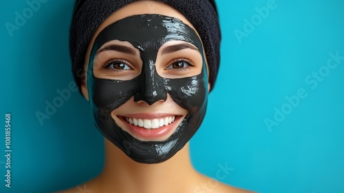 A happy smiling young woman applying a charcoal facial mask on a spa day embracing healthy beauty treatment on an aquamarine background