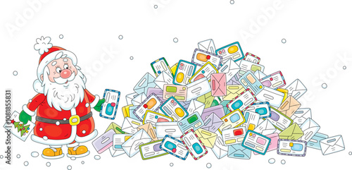 Santa Claus and a big pile of envelopes with letters and postcards from little children before Christmas and New Year, vector cartoon illustration on a white background