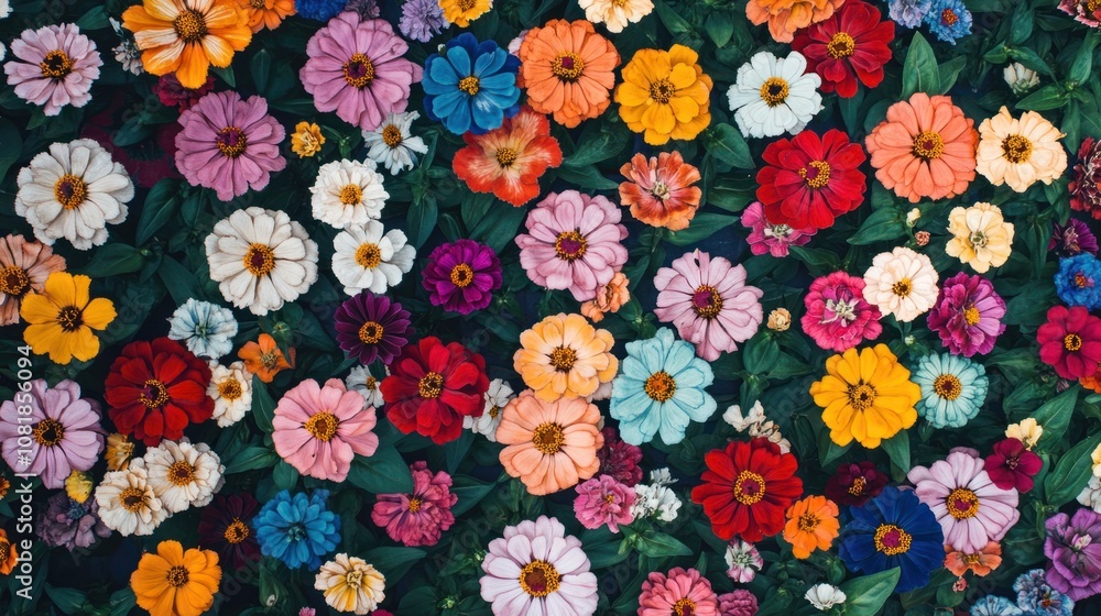 Field of colorful zinnias, creating a lively and bold floral background Field of colorful zinnias, creating a lively and bold floral background