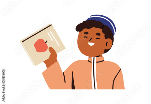 Happy boy holding school book, excited about learning. Cute kid student with textbook in hand. Smiling child reader showing education literature. Flat vector illustration isolated on white background
