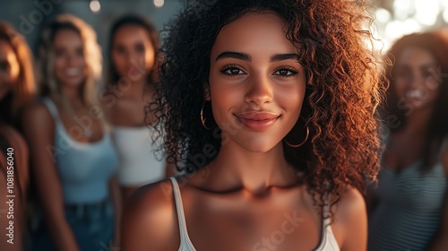 Happy young woman standing with a group of diverse women.