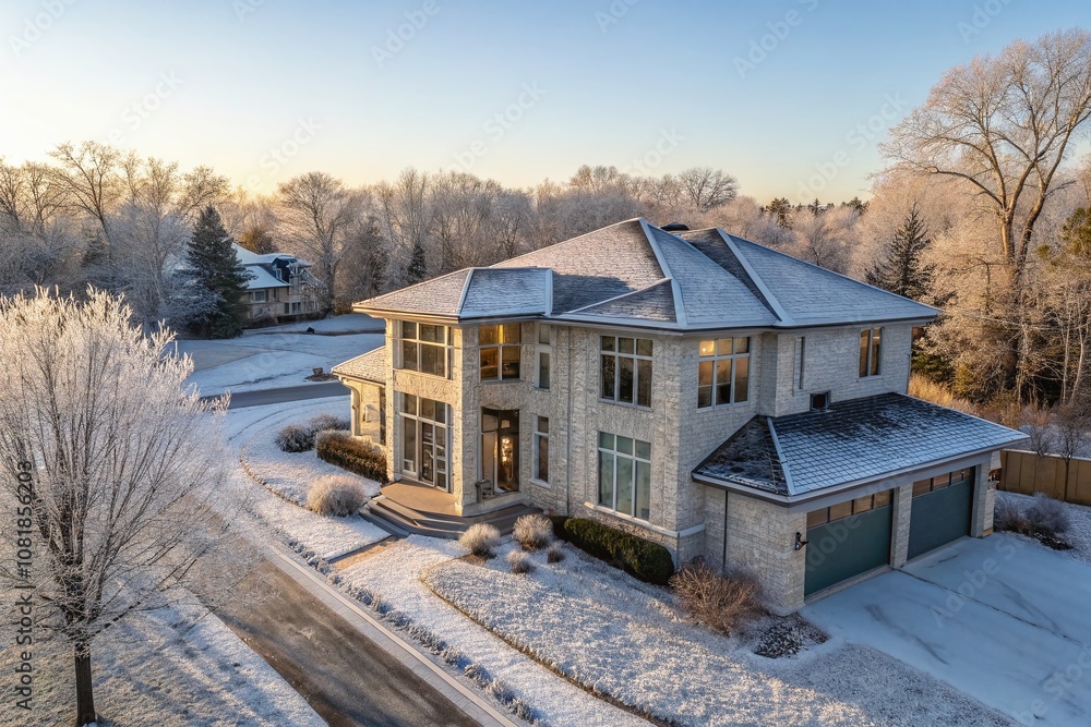 Crisp Winter Morning View of a Contemporary Suburban Home with Frost-Covered Windows and a Geometric Facade Surrounded by a Serene Snowy Landscape Crisp Winter Morning View of a Contemporary Suburban Home with Frost-Covered Windows and a Geometric Facade Surrounded by a Serene Snowy Landscape