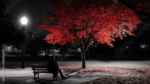 Dark park at night with benches, a lone man in an overcoat sits silently on one under a tree with vibrant red leaves in selective color, deep moody tones photo