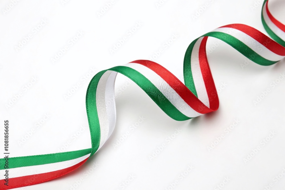 Curly Italian Flag Ribbon on a White Background - Conceptual Photography of National Pride and Celebration, Perfect for Events, Holidays, and Cultural Themes