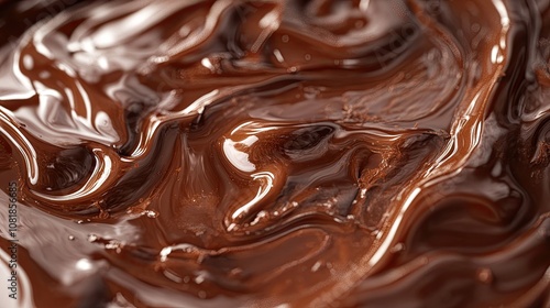 Close-up view of silky smooth, rich chocolate flowing in swirls, showcasing its glossy texture and deep brown color.