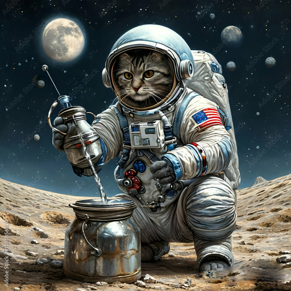 Fototapeta premium the cat is an astronaut, the cat studies, the cat in a space suit, space