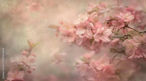 Soft focus cherry blossoms in pastel hues, evoking a serene spring atmosphere