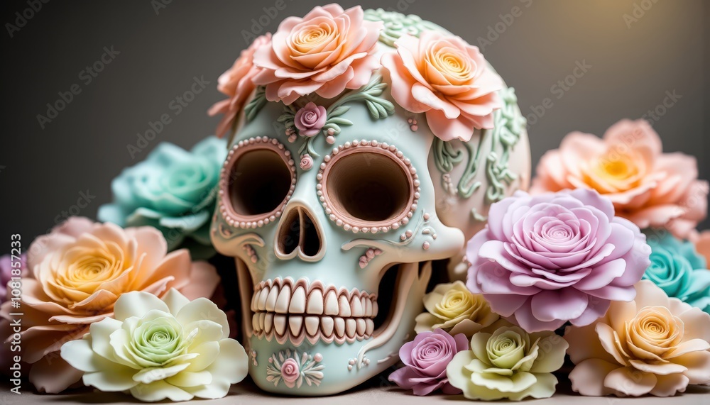 Decorative sugar skull. A decorative skull surrounded by colorful roses, symbolizing the Day of the Dead, combining vibrant artistry with cultural significance. Decorative sugar skull. A decorative skull surrounded by colorful roses, symbolizing the Day of the Dead, combining vibrant artistry with cultural significance.