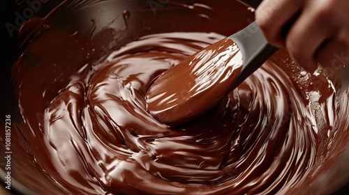 A close-up of rich, melted chocolate being stirred with a silicone spatula in a mixing bowl.