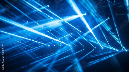 Blue laser light show. Dynamic blue laser beams intersect, creating an energetic and vibrant visual.  Symbolizes innovation and technology.