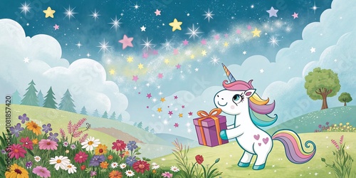 Cute Unicorn Illustration with Gift in a Magical Landscape, Perfect for Children's Rooms and Enchanting Decor, Featuring Vibrant Colors and Whimsical Elements for Fantasy Lovers photo