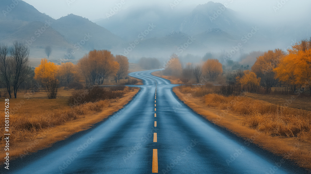 A road with a yellow line down the middle. The road is wet and the sky is cloudy A road with a yellow line down the middle. The road is wet and the sky is cloudy