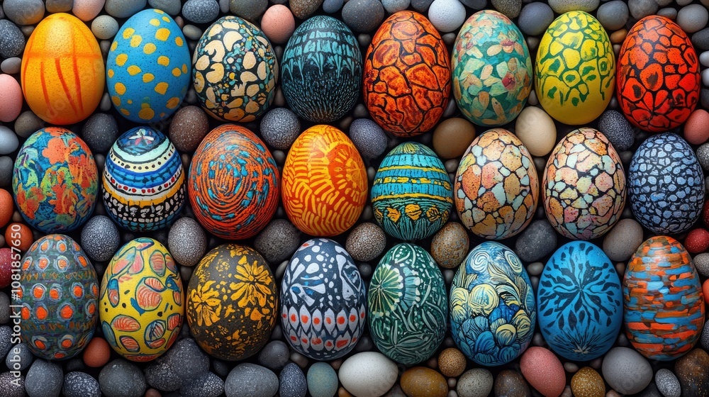 Colorful Easter eggs arranged with stones. A high-quality stock photo perfect for Easter-themed projects. Colorful Easter eggs arranged with stones. A high-quality stock photo perfect for Easter-themed projects.