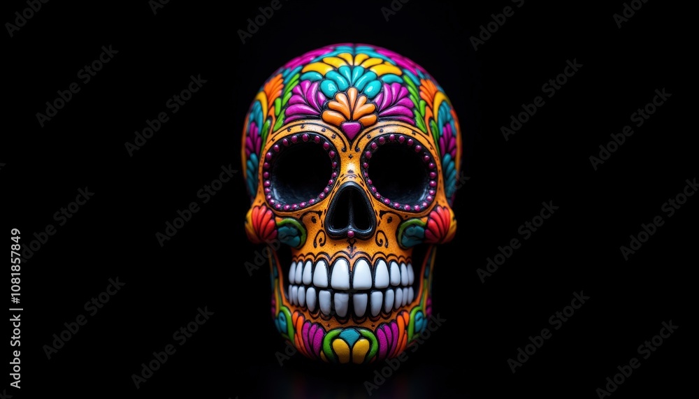 Decorative sugar skull. A vibrant, intricately designed sugar skull, adorned with colorful patterns, symbolizing the Day of the Dead celebration in Mexican culture. Decorative sugar skull. A vibrant, intricately designed sugar skull, adorned with colorful patterns, symbolizing the Day of the Dead celebration in Mexican culture.