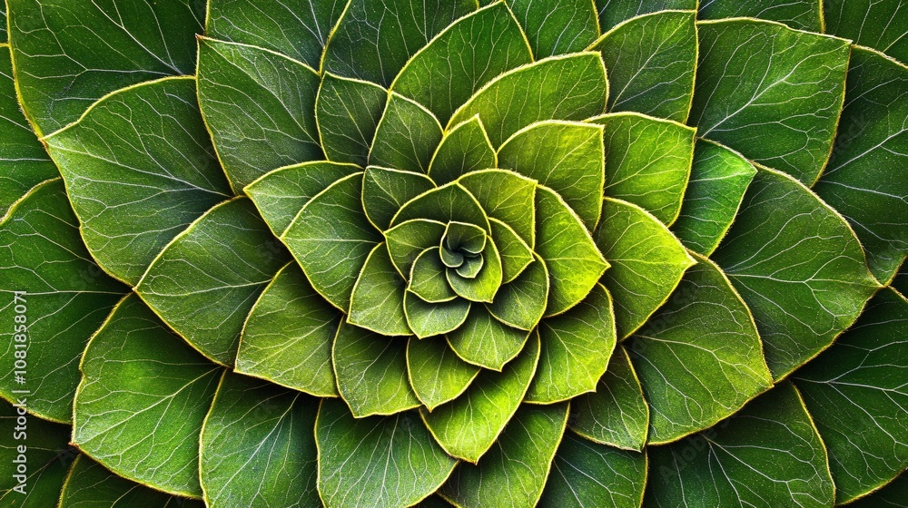 Fototapeta premium 26.A mesmerizing close-up of vibrant green leaves arranged in intricate spiral patterns. The natural symmetry of the leaves creates a visually captivating design, highlighting natureâ€™s ability to