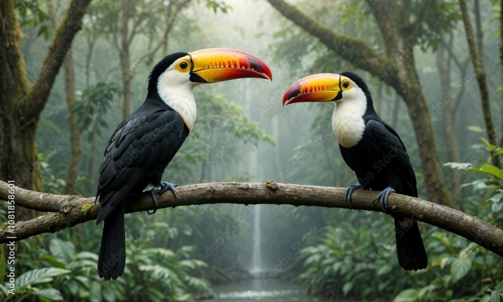 Obraz premium Two majestic toucans perched on a branch against misty rainforest backdrop. Their vibrant orange beaks contrast beautifully with black plumage as they face each other in perfect symmetry