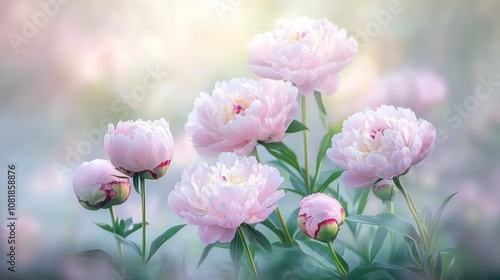 Pastel-colored peonies in soft focus, creating a gentle and romantic floral background