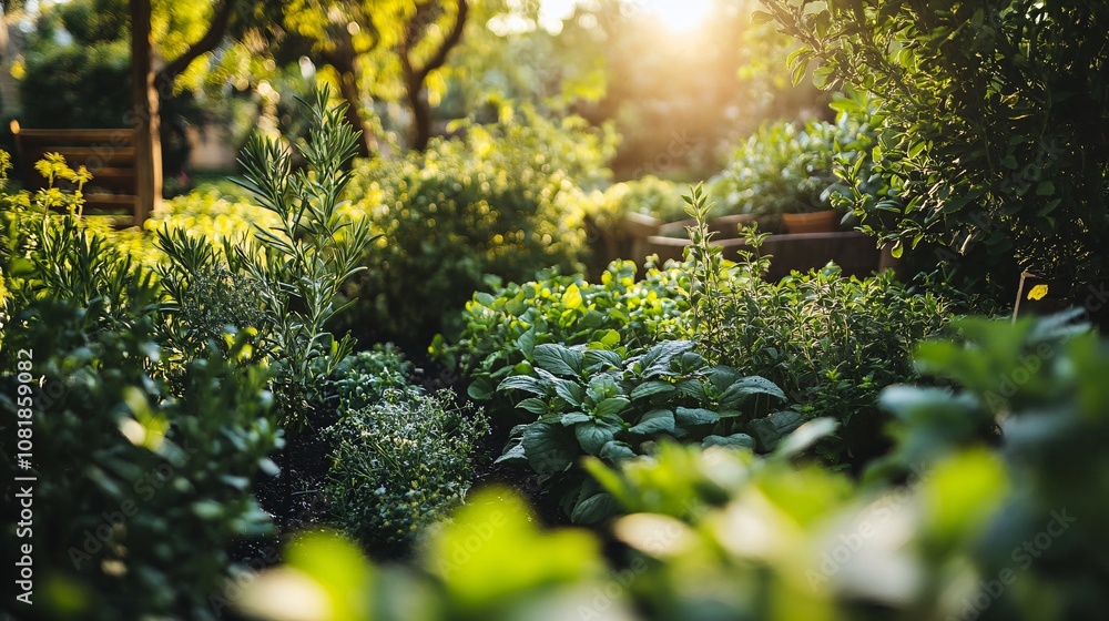 Fototapeta premium 107.A peaceful view of an organic herb garden with an abundance of greenery, showcasing a diverse selection of herbs. The scene captures the calm, earthy atmosphere, with fresh green plants thriving