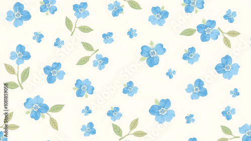 Minimal baby blue flower prints with pale green leaves on a cream backdrop, offering a serene and sophisticated look.