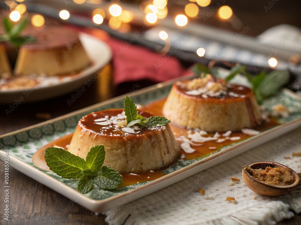 Delicious Coconut Flan Slices on a Plate with Bokeh Effect, Perfect for Food Photography and Culinary Inspiration, Showcasing the Creamy Texture and Garnish of Desserts Delicious Coconut Flan Slices on a Plate with Bokeh Effect, Perfect for Food Photography and Culinary Inspiration, Showcasing the Creamy Texture and Garnish of Desserts