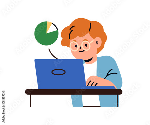 Boy student learning at laptop, data analysis, coding. School child at computer, studying programming, information technology. Online education. Flat vector illustration isolated on white background
