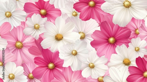 Pink and white cosmos flowers in bloom, forming a cheerful and delicate flower background