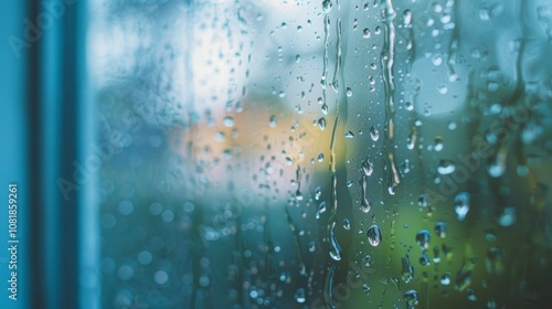 Rainy window view. Rain droplets on glass; peaceful, contemplative mood. Nature's gentle beauty.