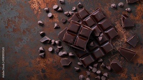 Rich dark chocolate bars and chips scattered on a rustic background, perfect for dessert or baking enthusiasts.